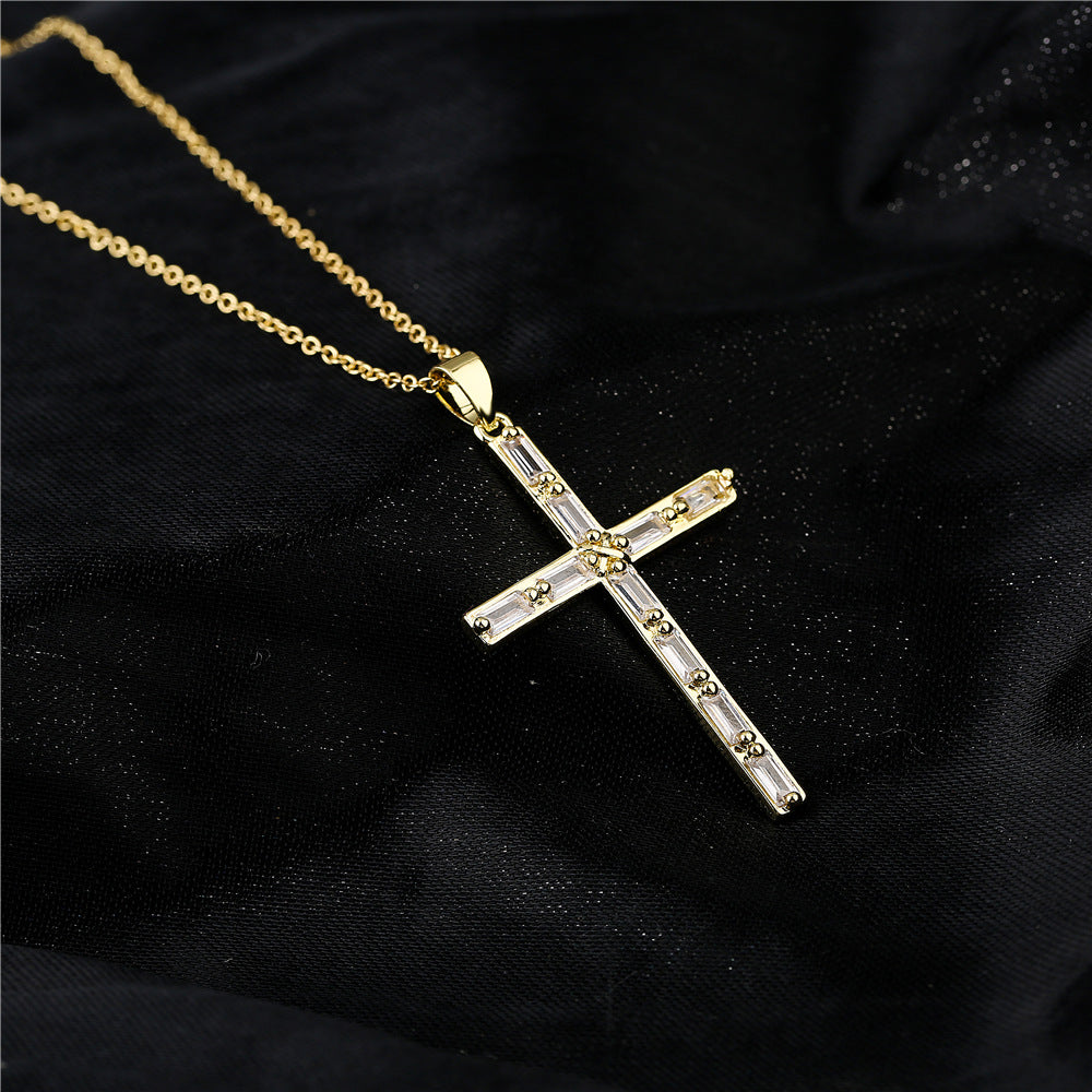 Europe And America Religious Jewelry Copper Plated 18k Gold Zircon Cross Pendant Necklace