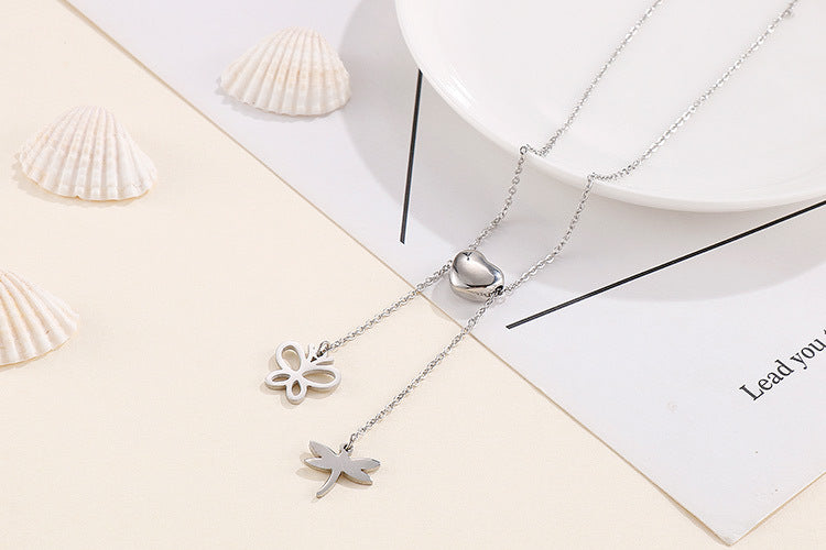 Fashion Heart-shaped Stainless Steel Dragonfly Butterfly Small Pendant Necklace