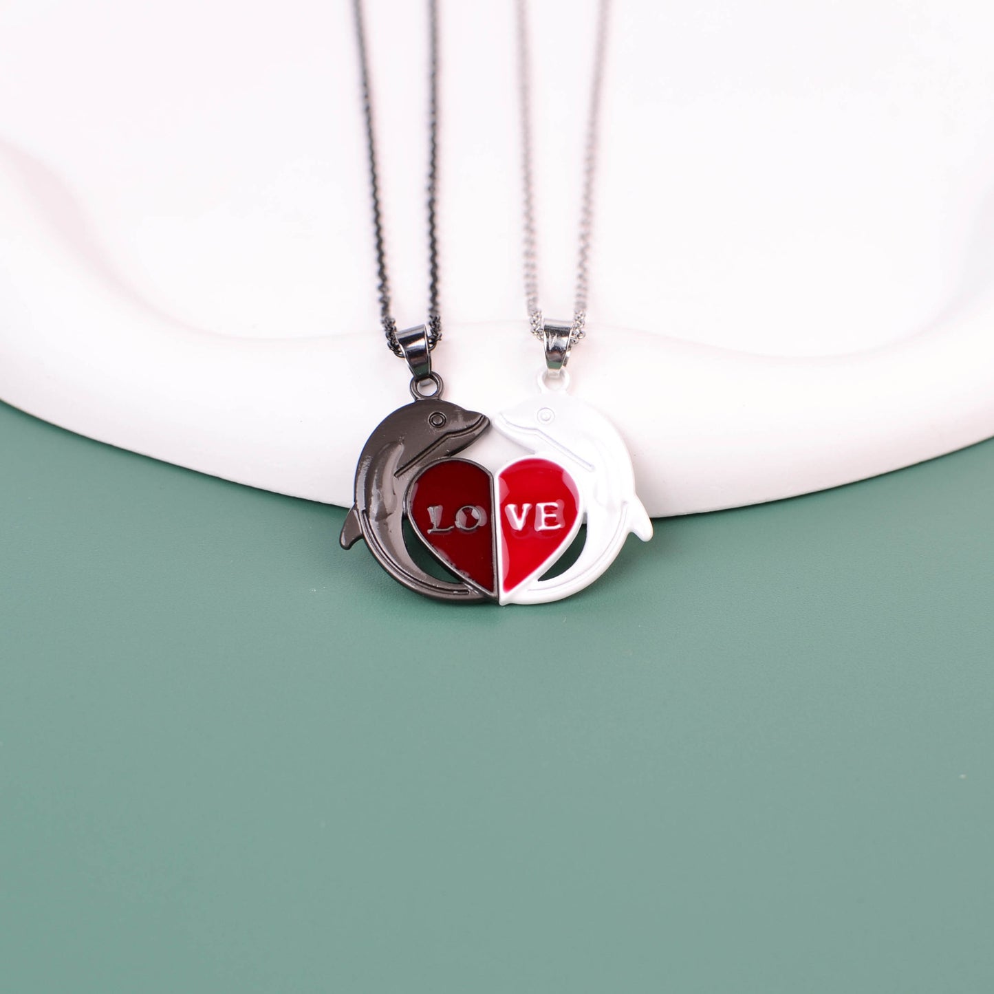 Romantic Letter Dolphin Heart Shape Alloy Enamel Plating Couple Pendant Necklace