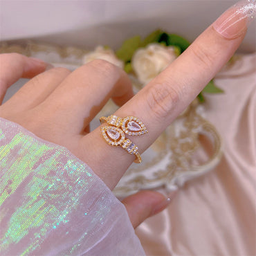 Classic Style Leaf Copper Inlay Zircon Open Rings