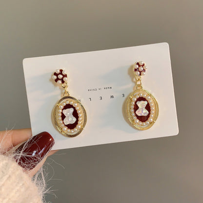 1 Pair Commute Bear Inlay Alloy Pearl Drop Earrings