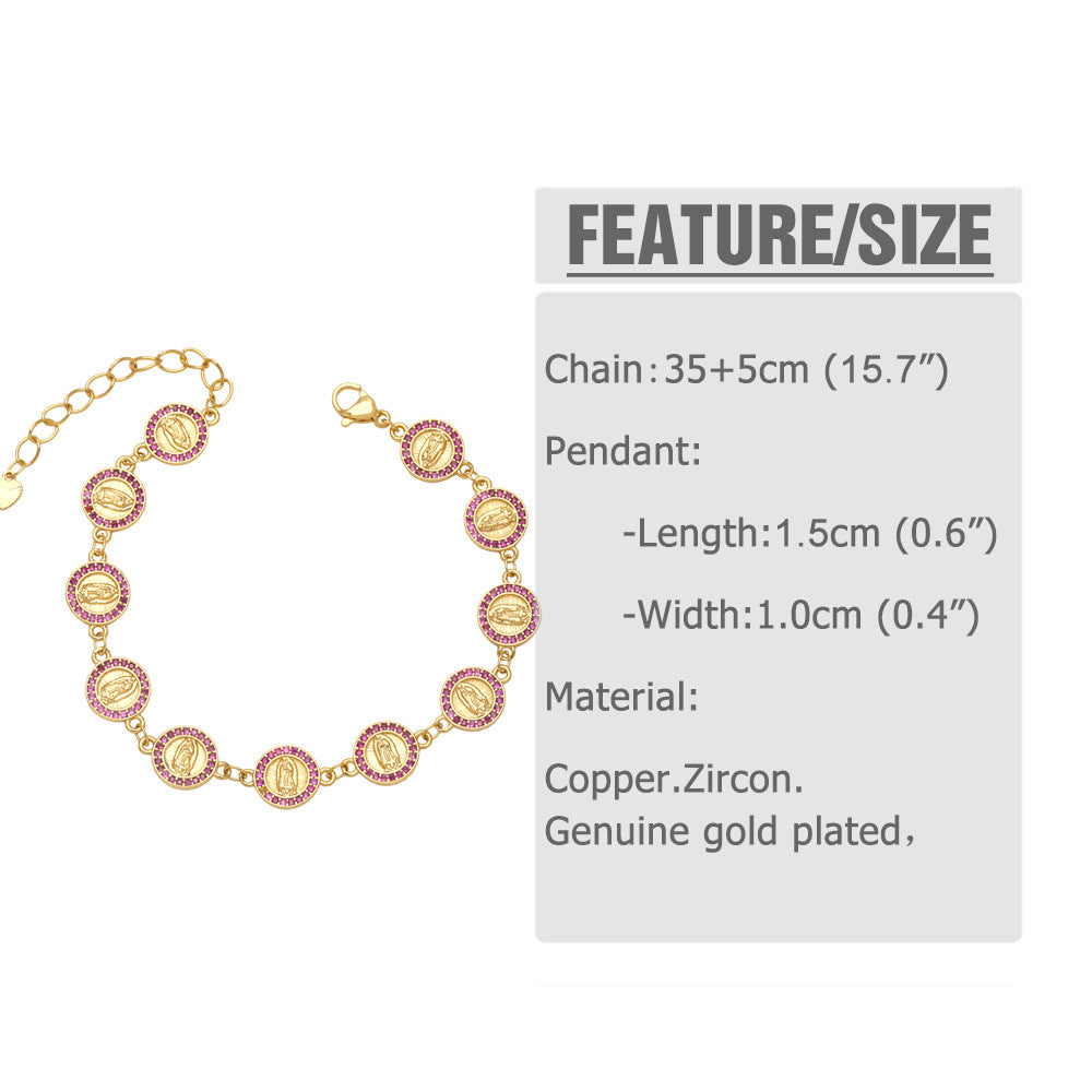 Fashion Virgin Mary Copper Bracelets Splicing Gold Plated Zircon Copper Bracelets