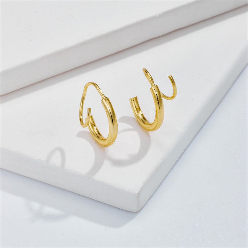 New Simple Spiral Double Circle Personality Earrings Brass Plating 14K Real Gold Fashion Wrap Earrings