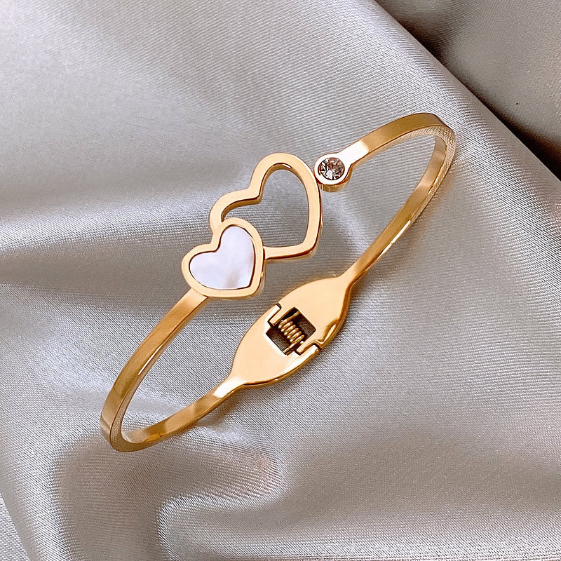 Fashion Heart Shape Titanium Steel Inlay Shell Zircon Bangle