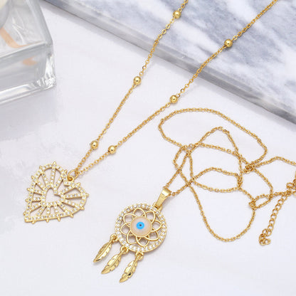 Fashion Zircon-studded Hollow Geometric Feather Tassel Dream Catcher Copper Necklace