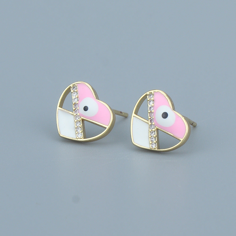 Fashion Moon Heart Shape Copper Ear Studs Stoving Varnish Inlay Zircon Copper Earrings