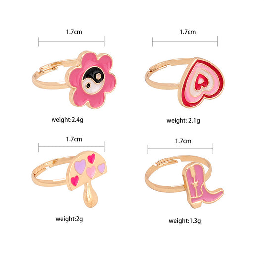 Cute Cartoon Dripping Oil Ring Combination Set Design Sense Flower Mushroom Boots Index Finger Joint Ring