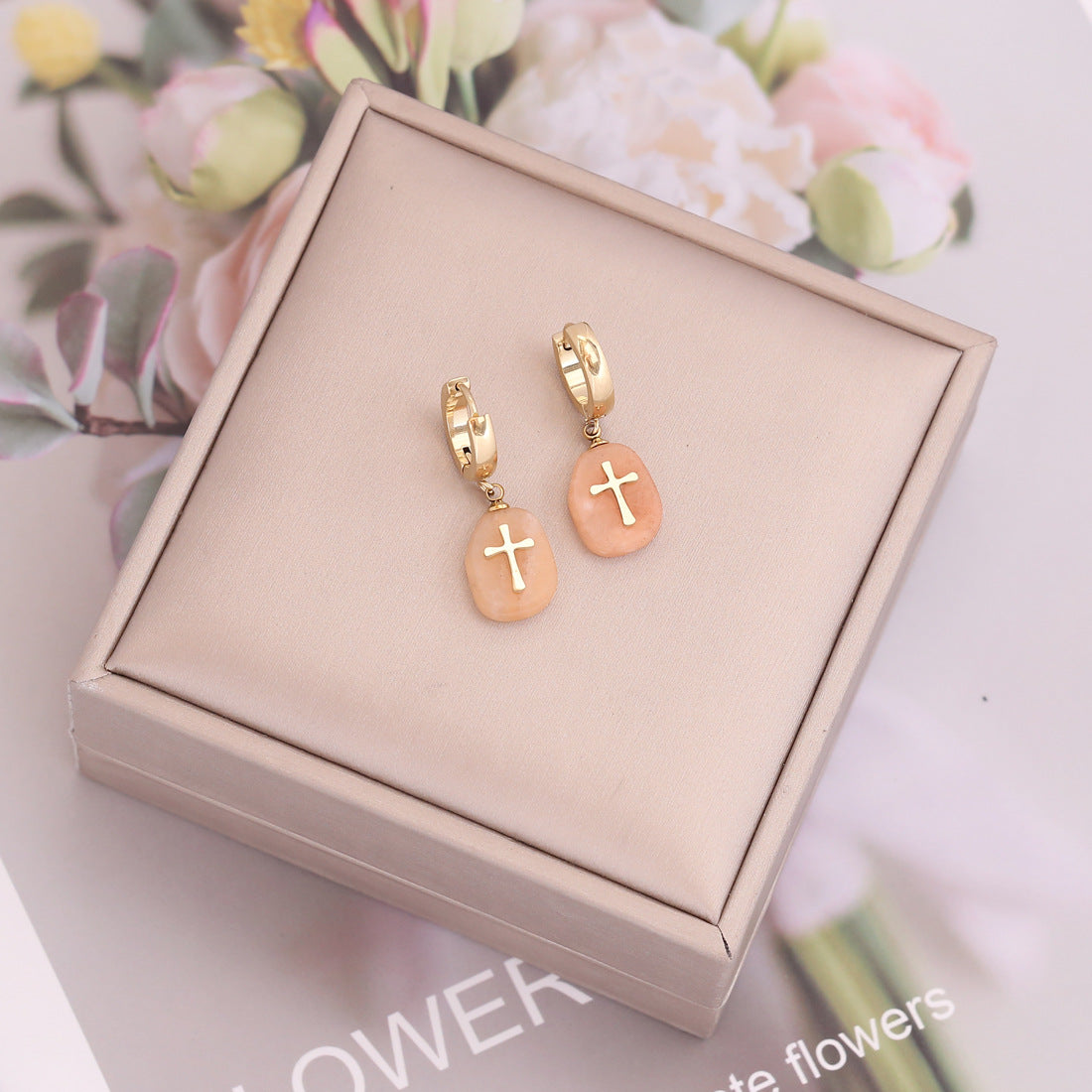 1 Piece Fashion Cross Plating Stainless Steel Natural Stone Earrings