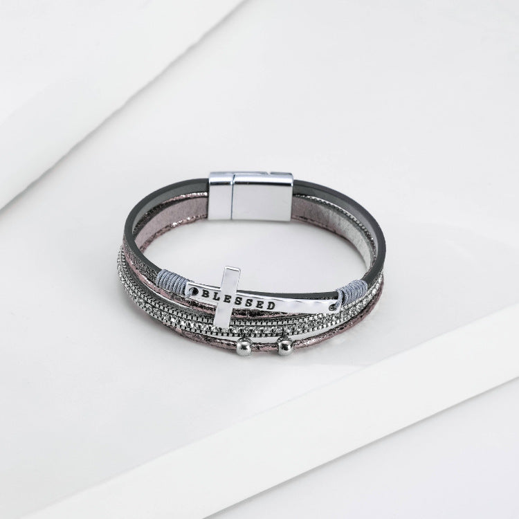 Fashion Cross Fine Diamond Leather Magnetic Buckle Multicolor Bracelet