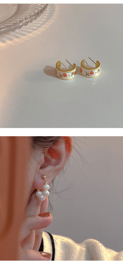 Fashion Heart Shape Flower Copper Beaded Plating Inlay Pearl Zircon Earrings Ear Studs 1 Pair