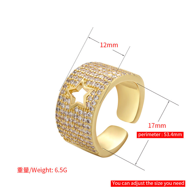 Wholesale Inlaid Zircon Star Heart Opening Adjustable Wide Face Thick Ring Gooddiy