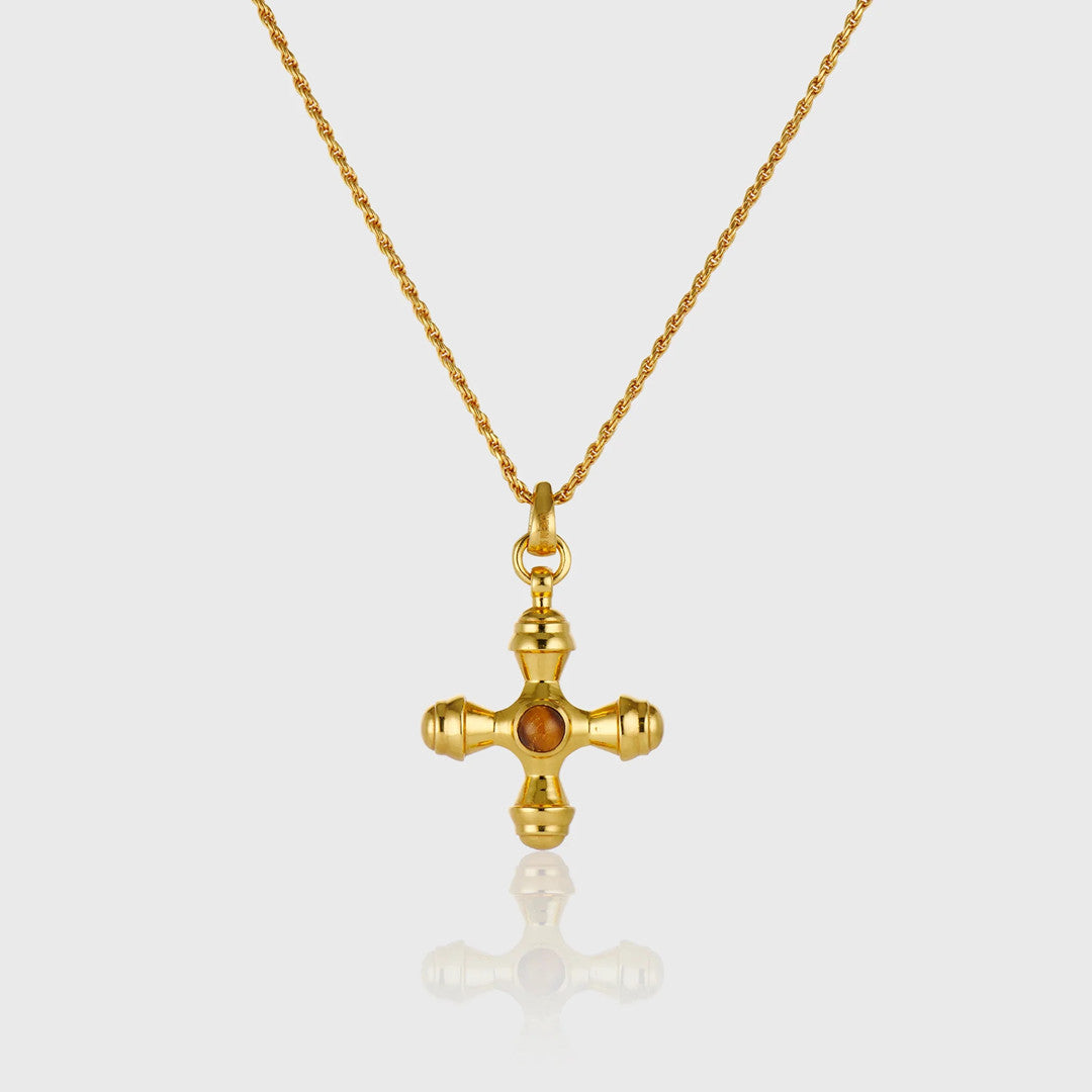 Ig Style Cool Style Cross Copper Plating Inlay Tiger Eye 18k Gold Plated Pendant Necklace