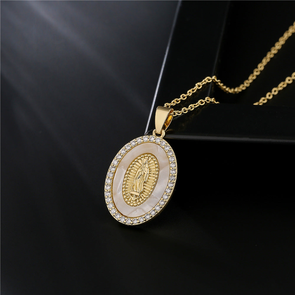 New Copper-plated 18k Gold Dripping Oil Zircon Virgin Mary Pendent Necklace Wholesale