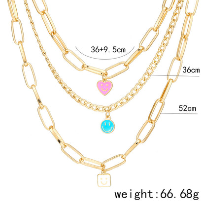 New Fashion Smiley Face Necklace Personality Cartoon Peach Heart Square Smiley Face Multi-layer Necklace Female