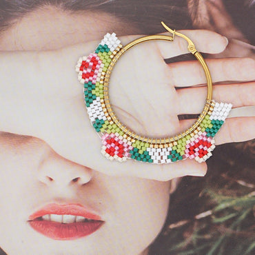 Ethnic Style Miyuki Rice Beads Hand-woven Fashion Rose Flower Hoop Earrings