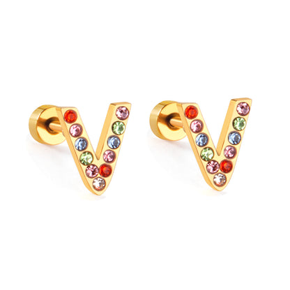 Fashion Letter Stainless Steel Inlay Zircon Ear Studs 1 Pair