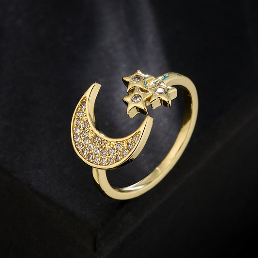 Fashion Geometric Copper 18k Gold Zircon Star Moon Geometric Open Ring