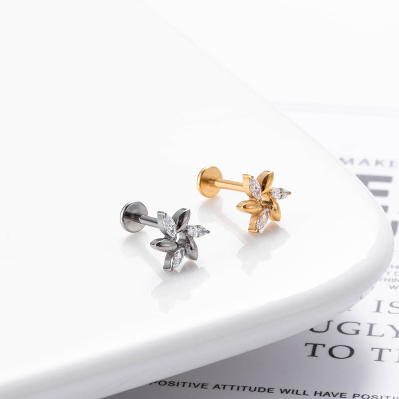 Simple Style Flower Titanium Inlay Zircon Ear Studs