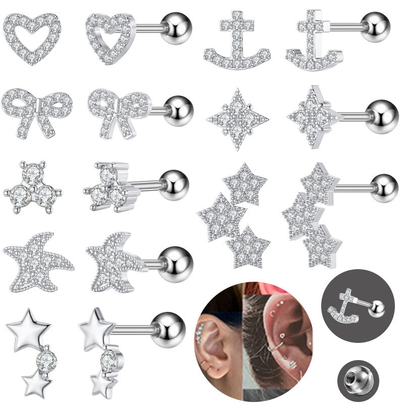 1 Piece Simple Style Star Heart Shape Anchor Inlay Copper Zircon Ear Studs