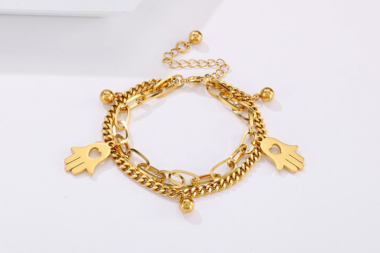 Fashion Popular Stainless Steel Double Palm Gold Pendant Beads Bracelet Jewelry