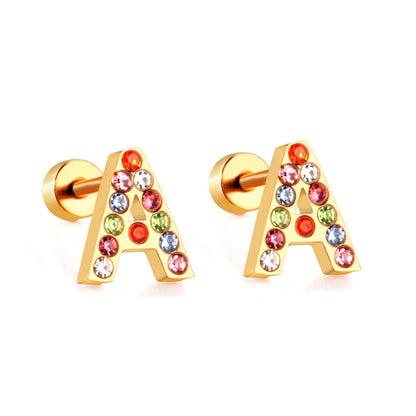 Fashion Letter Stainless Steel Inlay Zircon Ear Studs 1 Pair