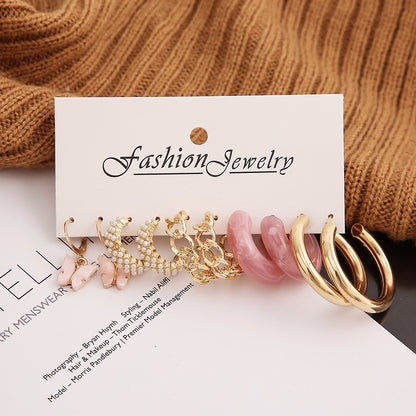 Simple Elegant Pearl Embedded Black Butterfly C-shaped Acrylic Earrings Set