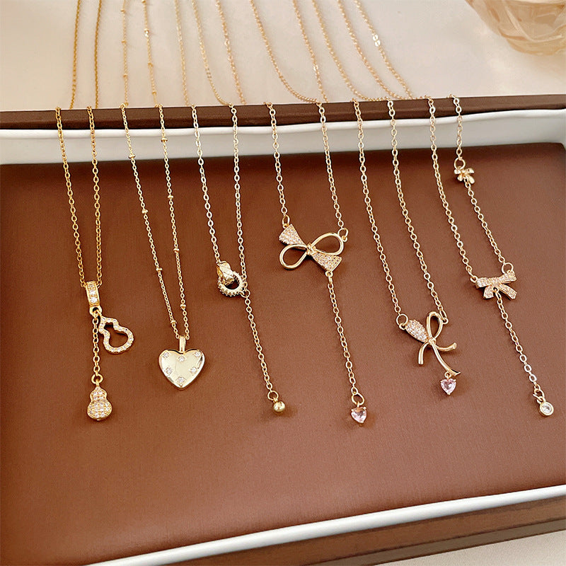 Elegant Heart Shape Bow Knot Copper Inlay Zircon Pendant Necklace