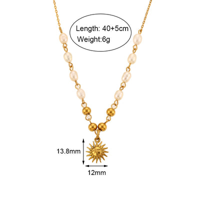 Retro Sun Stainless Steel Plating Pearl Pendant Necklace