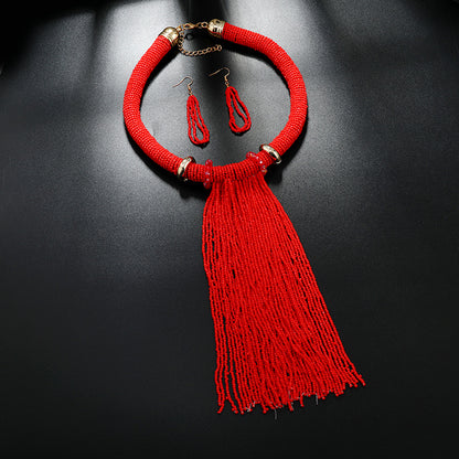 Exaggerated Ethnic Style Tassel Beaded Alloy Seed Bead Women's Earrings Necklace