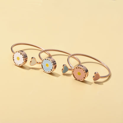 Casual Sweet Heart Shape Flower Stainless Steel Enamel Plating Bangle