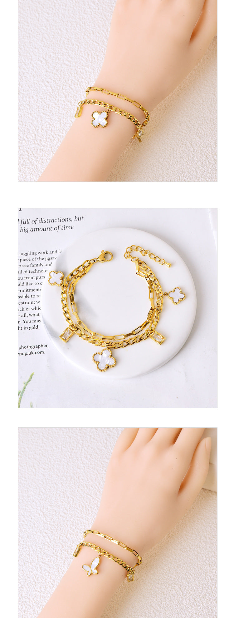 Simple Style Four Leaf Clover Heart Shape Flower Titanium Steel Plating Inlay Shell Zircon Bracelets