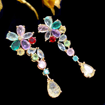 1 Pair Exaggerated Flower Inlay Sterling Silver Copper Zircon Drop Earrings