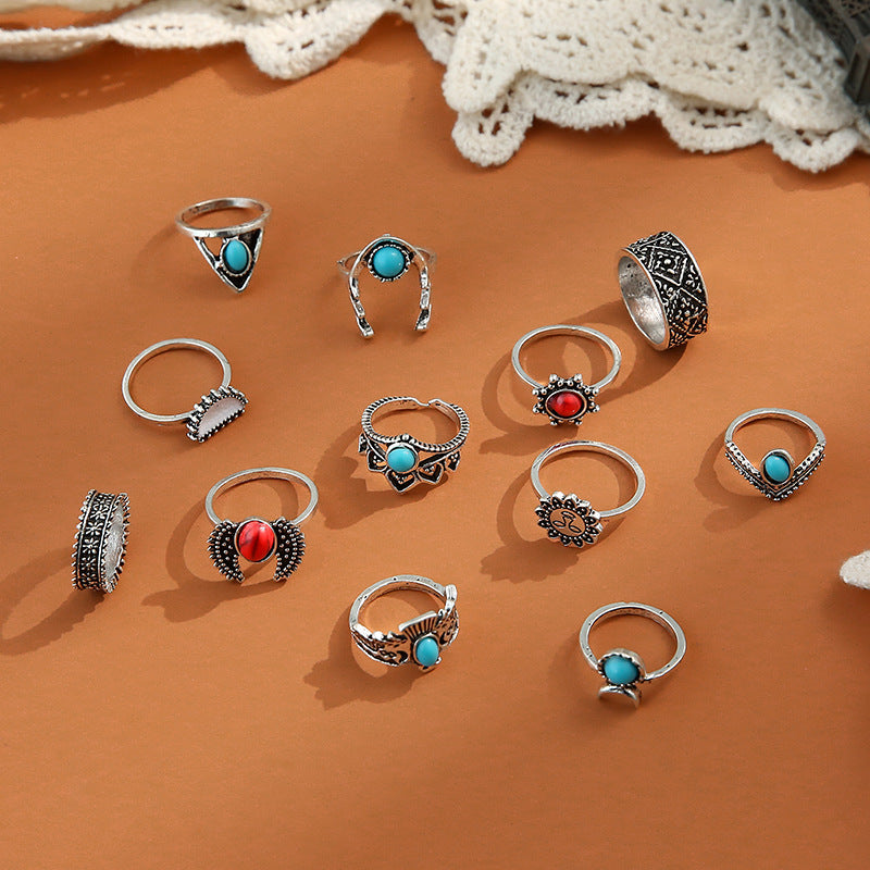 Wholesale Jewelry Red Crescent Wings Turquoise Ring 12-piece Set Gooddiy