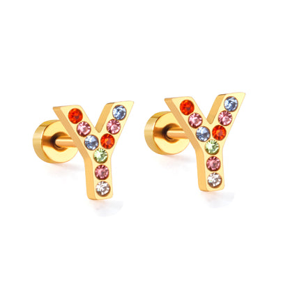 Fashion Letter Stainless Steel Inlay Zircon Ear Studs 1 Pair