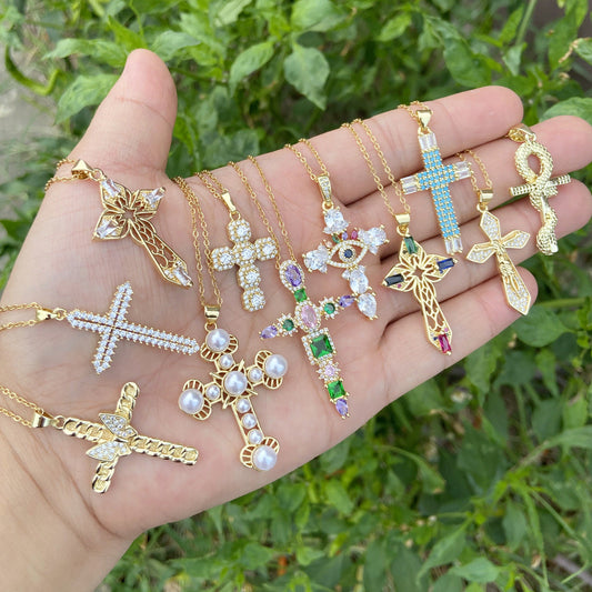 Fashion Cross Copper Zircon Inlay Pendants