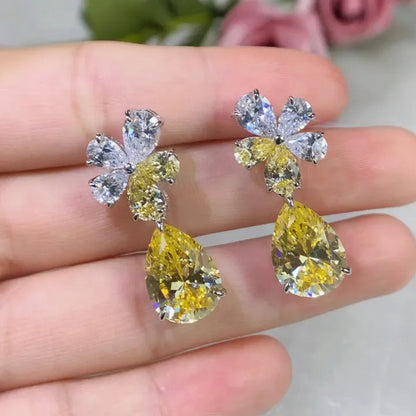 1 Pair Sweet Shiny Water Droplets Flower Inlay Copper Zircon Drop Earrings
