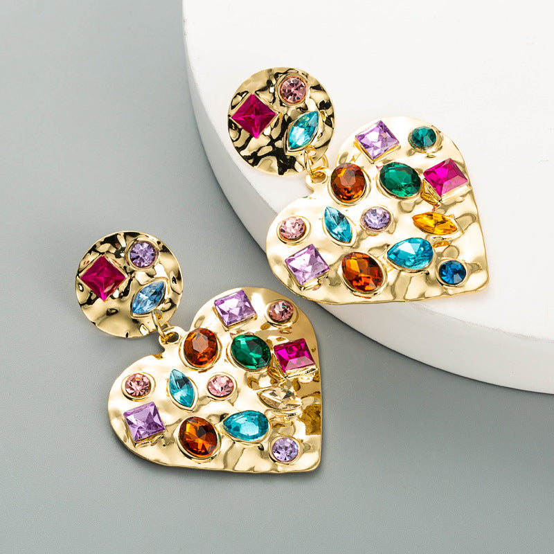 European And American Fashion Heart-shaped Earrings Alloy Paint Color Rhinestone Earrings