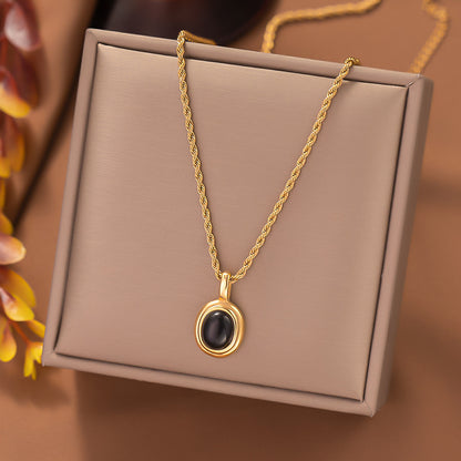 Retro Round Titanium Steel Inlay Agate Pendant Necklace