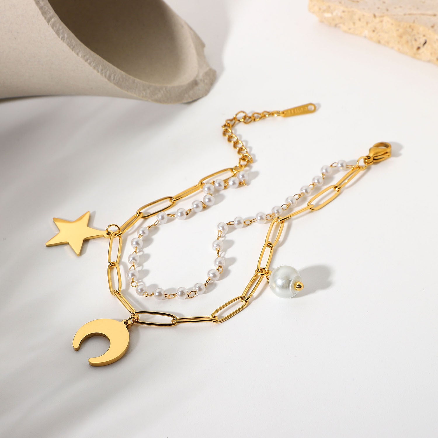 18k Gold Plated Stainless Steel Star Moon Pearl Pendant Double Layer Bracelet