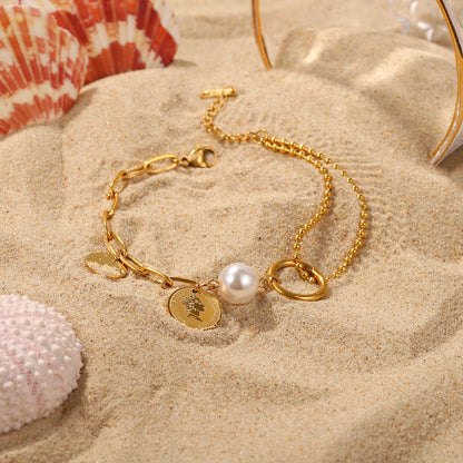 Retro Style Stainless Steel 18k Gold Plated Elizabeth Coin Pendant Pearl Ball Bead Chain Stitching Bracelet