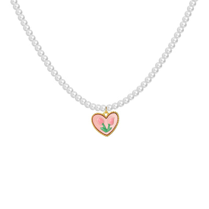 Retro Heart Shape Artificial Pearl Alloy Beaded Women's Pendant Necklace 1 Piece