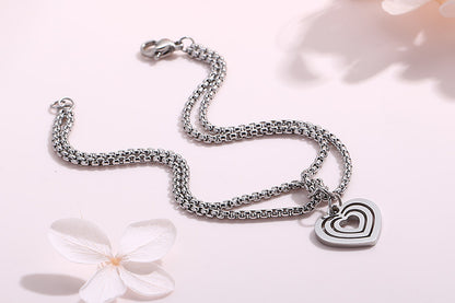 Retro Golden Double-layer Pearl Chain Popular Stainless Steel Multi-layer Heart-shaped Hollow Pendant Bracelet