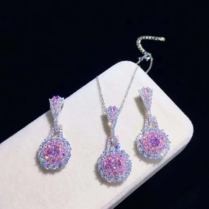 Pink Crystal Set Earrings Ring Necklace Retro Exquisite Zircon Earrings Pendant Special-interest Design Simple Ring