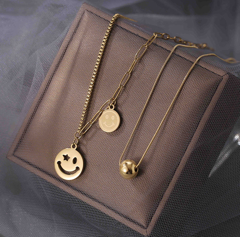 Fashion Multi-element Smiley Face Pendant Titanium Steel Necklace Creative Multi-layer Clavicle Chain