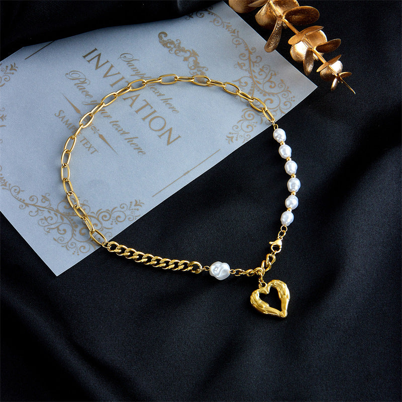 Fashion Simple Hollow Heart-shaped Titanium Steel Pearl Necklace