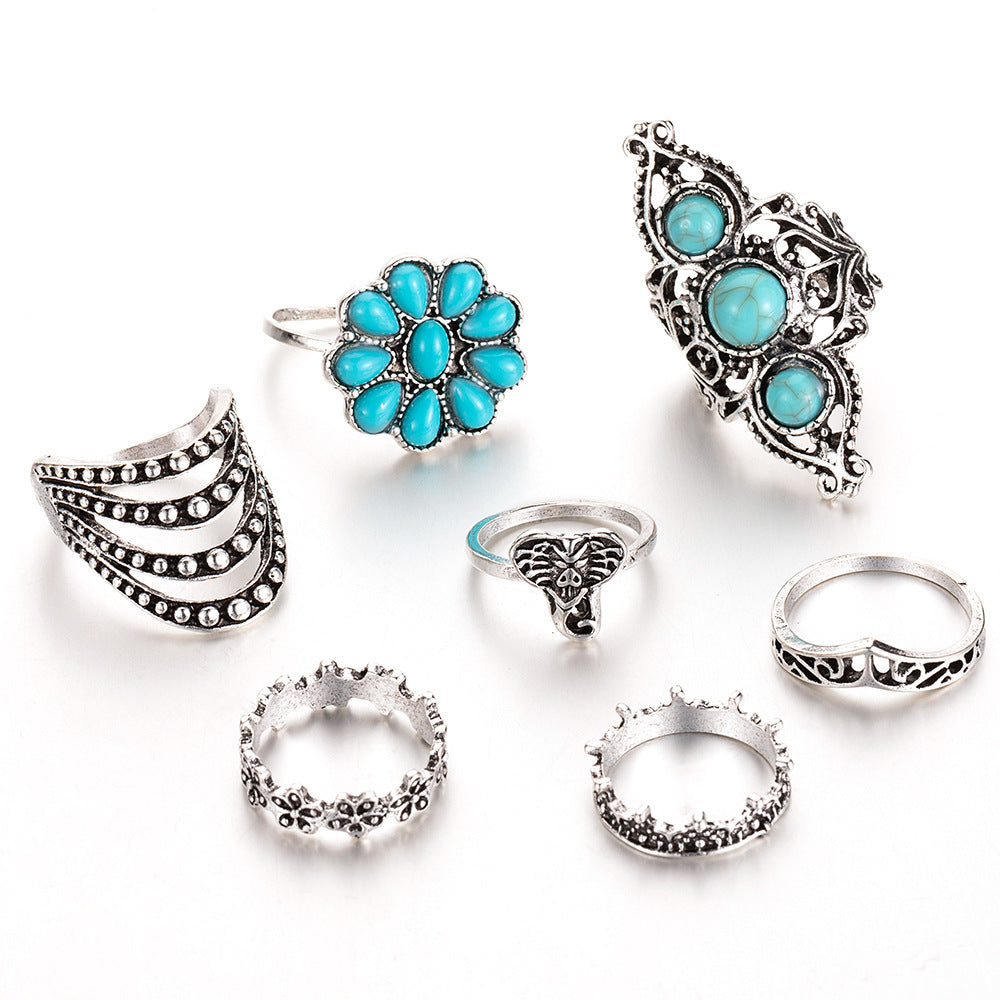 Exaggerated Ethnic Style Cool Style Leaf Round Snake Alloy Plating Inlay Turquoise Women's Rings