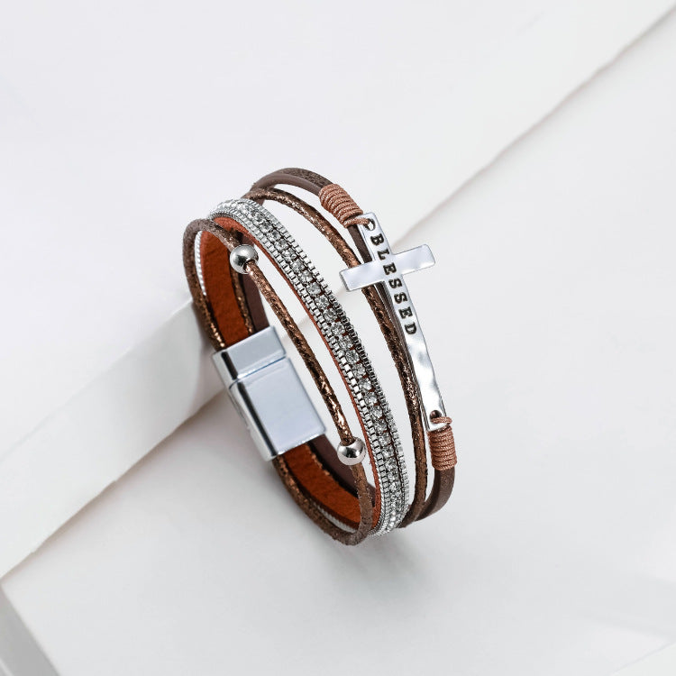 Fashion Cross Fine Diamond Leather Magnetic Buckle Multicolor Bracelet