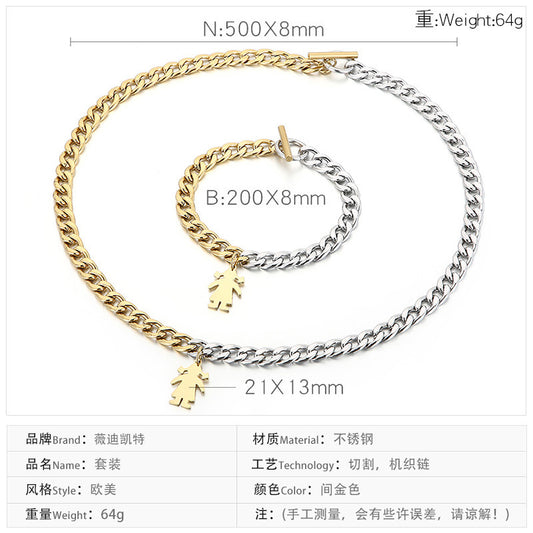 European And American Fashion Retro Stitching Chain Golden Little Girl Pendant Ot Buckle Jewelry Set