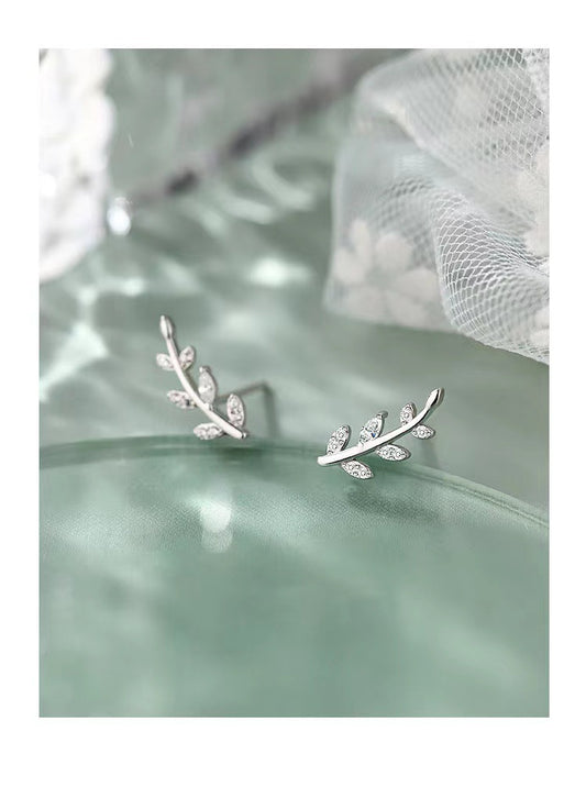 Simple Style Leaf Sterling Silver Plating Rhinestones Ear Studs 1 Pair