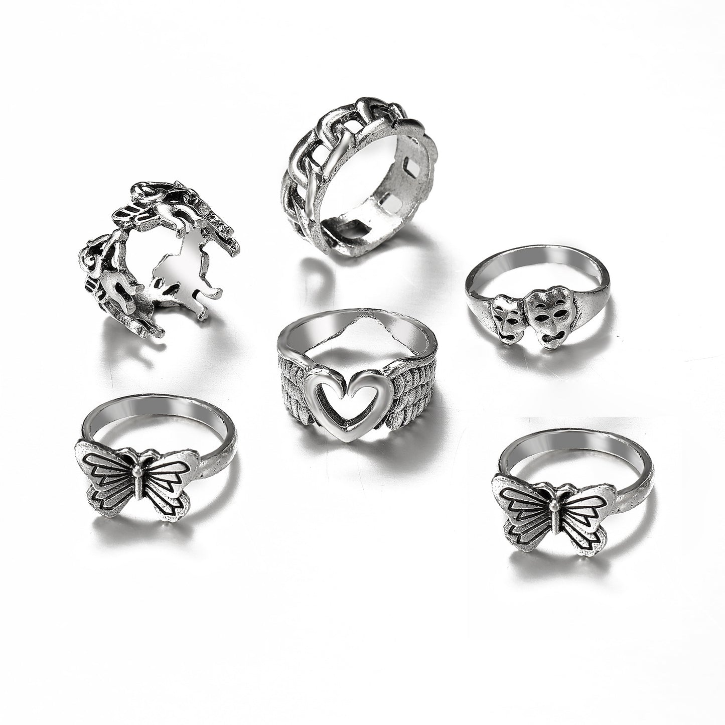 Creative Hollow Heart Shaped Butterfly Ring Set Six-piece Set